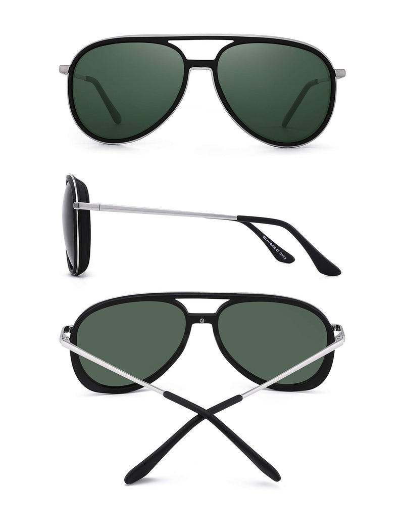 [Australia] - GLINDAR Retro Polarized Aviator Sunglasses Men Women Lightweight Plastic Driving Glasses Black Silver Frame / Polarized Green Lens 59 Millimeters 