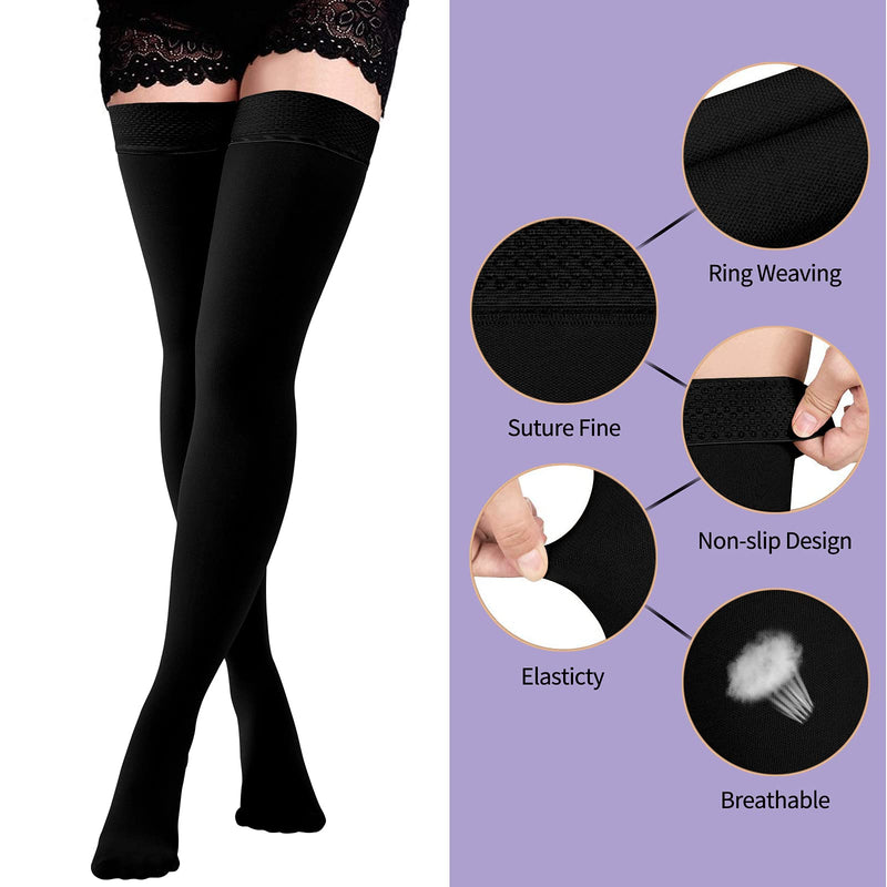 [Australia] - Thigh High Compression Stockings 20-30 mmHg, Closed Toe Socks for Women & Men Black Large 