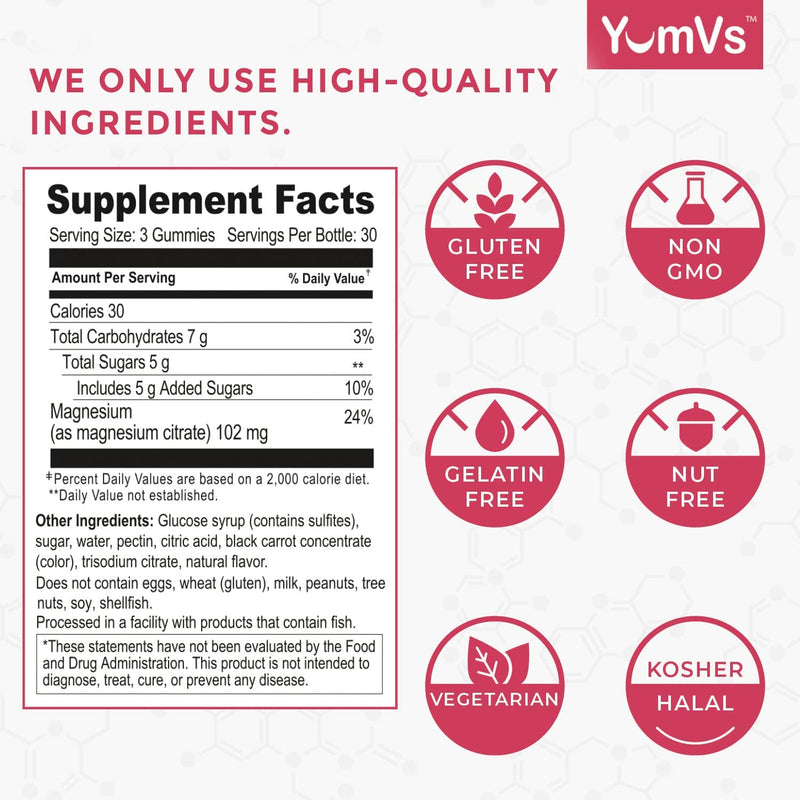 [Australia] - Magnesium Citrate Gummies by YumVs | 900mg Magnesium Citrate (102mg of Elemental Magnesium) | Highly Absorbable Citrate | Supports Nerve, Enzyme & Muscle Function for Adults | 90 Count 