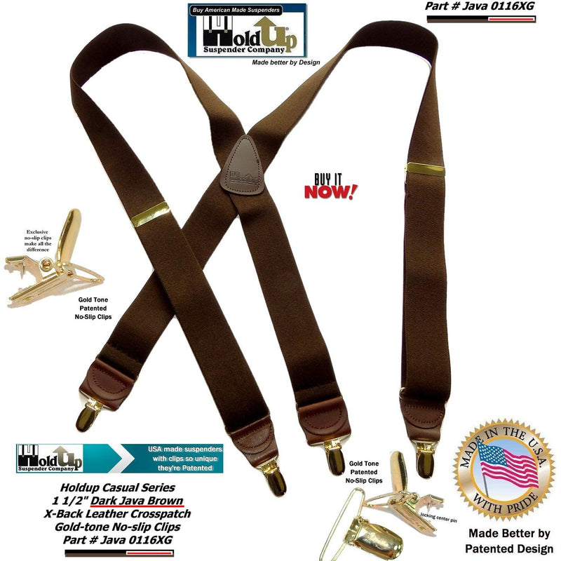 [Australia] - Holdup Suspender Company Casual Series Java Brown X-back Suspenders with Patented No-slip Gold-tone Clips 