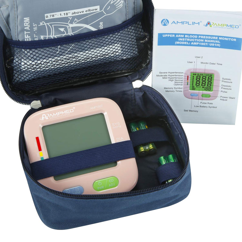 [Australia] - Amplim New 2021 Digital Blood Pressure Monitor, Automatic Upper Arm Universal Cuff and Premium Travel Storage Case, Color Backlit Display, 180 Memory, Includes Batteries, Pink Blue 