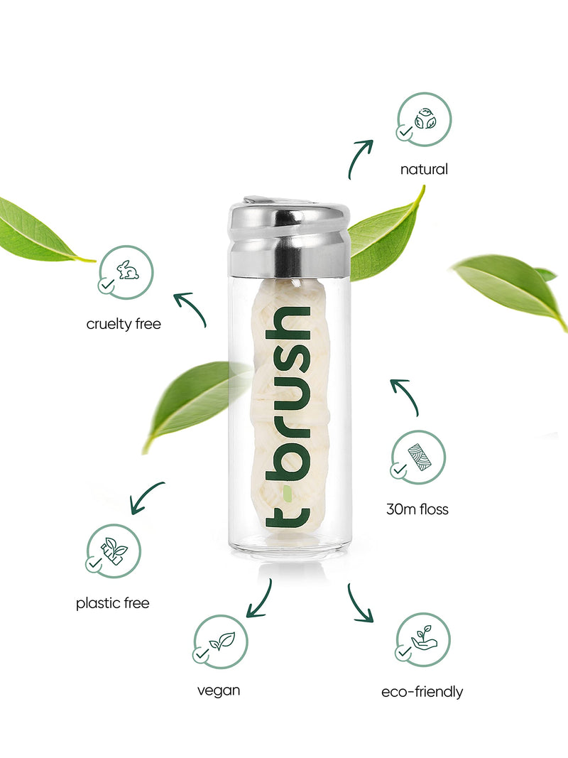 [Australia] - t-brush Dental Floss Mint Flavoured 30m | Within Refillable Glass Container | Eco-Friendly Vegan Cruelty-Free BPA Free Craft Packing No Plastic 