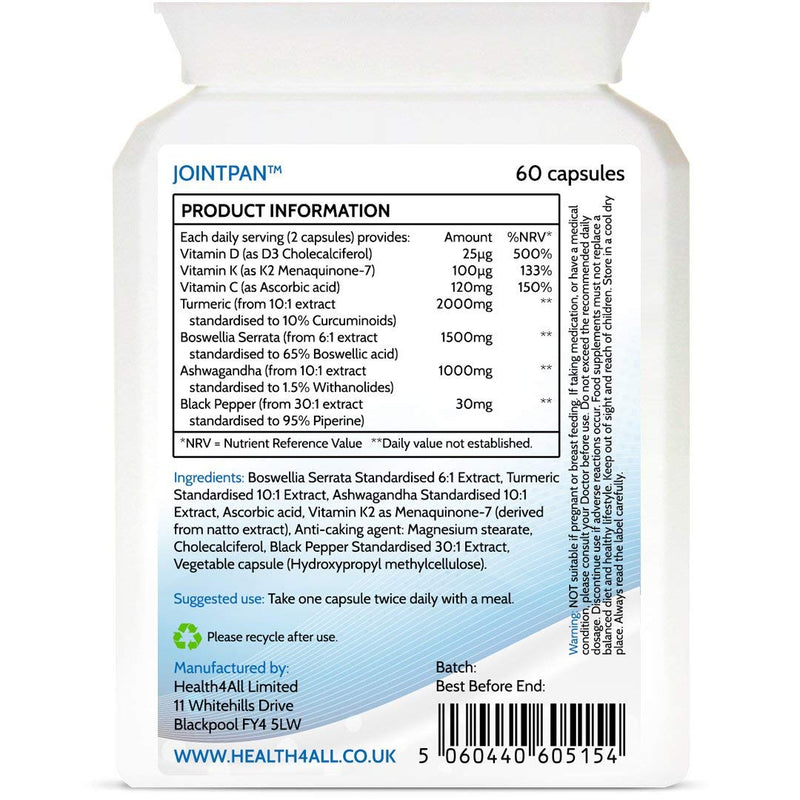 [Australia] - Jointpan Joint Support 60 Capsules (not Tablets) with Boswellia Serrata, Turmeric, Ashwagandha, Vitamins D3 and K2 MK-7. Strong Joint Pain, stiffnes and OA Supplement. Made in The UK by Health4All. 60 Count (Pack of 1) 