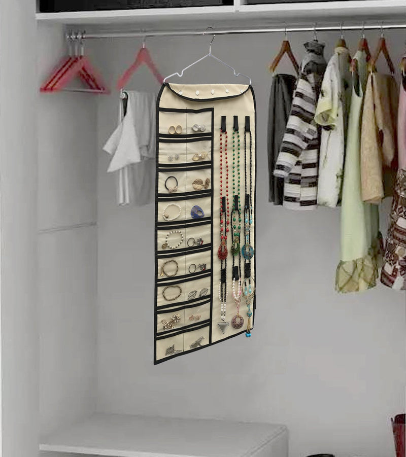 [Australia] - Btromeshy Hanging Jewelry Organizer,Double Sided 56 Pockets & 9 Hook and Loops for Holding Jewelry (Beige) Beige-56 Pocket 