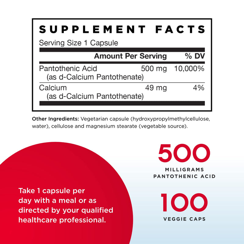 [Australia] - Jarrow Formulas Pantothenic Acid B5 500 mg - 100 Veggie Caps - Essential B Vitamin - Energy Production & Metabolism Support - 100 Servings 