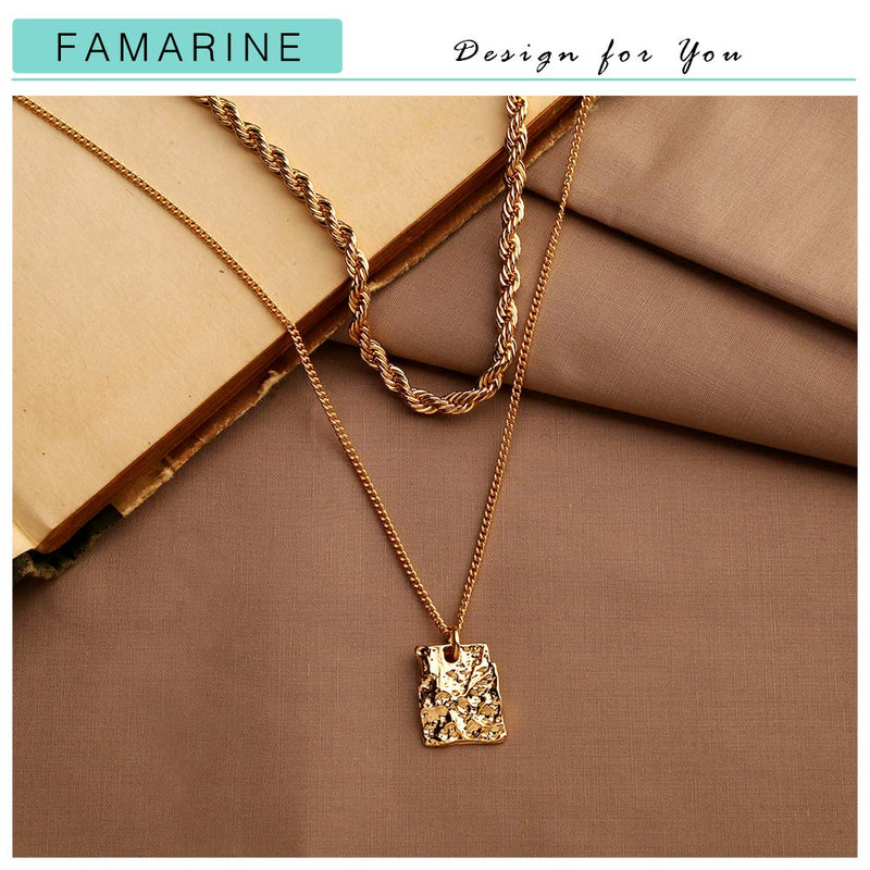 [Australia] - FAMARINE Gold Choker Layered Necklace for Women 4MM, Fashion Geometric Pandent 2 Layered Necklaces for Teen Girls Gift, 18K Gold Plated rope chain 