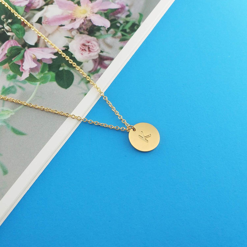 [Australia] - MOMOL Gold Initial Necklace, 18K Gold Plated Stainless Steel Coin Pendant Engraved Heart Letter Necklace Delicate Disc Pendant Personalized Name Necklace for Women Girls K 