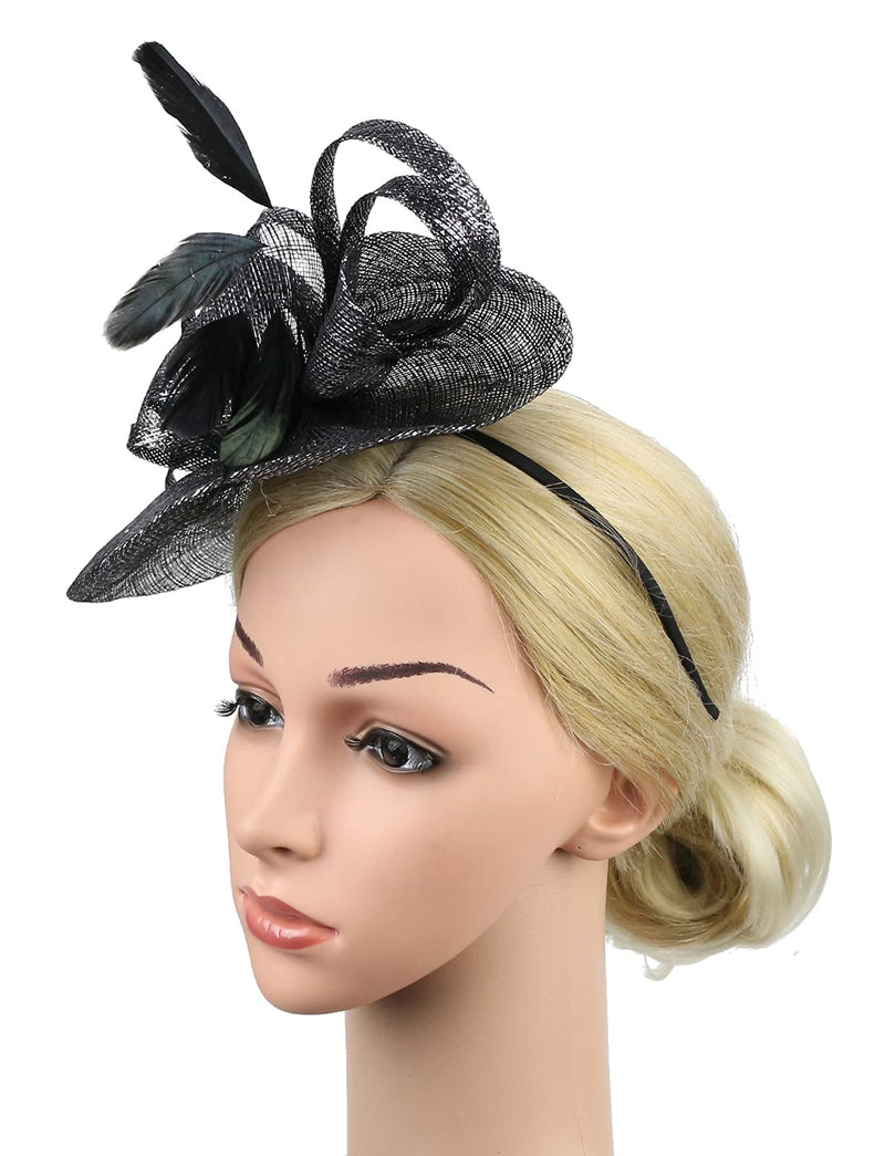 [Australia] - ORIDOOR Women's Fascinator Sinamay Hats for Wedding Tea Party Feather Derby Church Hat with Headband and Clips 21a Black 