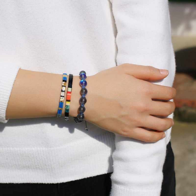 [Australia] - KELITCH New 2021 Miyuki Tila Beads Bracelets Colorful Strand Stretch Bracelets Stackable Friendship Bracelets Black 11B 