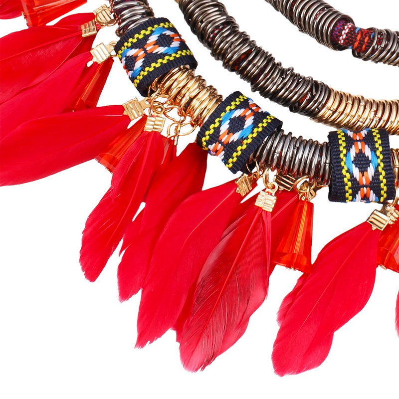 [Australia] - XY Fancy Feather Pendant Multi Layers Tribal Bib Necklace Statement Earring Jewelry Set Red 