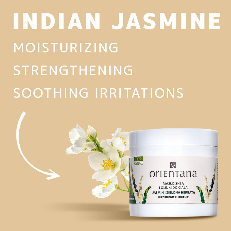 [Australia] - Orientana 100% Natural Rich Body Butter - Shea Butter Jasmine & Green Tea - Vegan Organic Scented Moisturiser - Hydrating Firming Relaxing Dry Sensitive Skin - Cocoa Almond Magnesium & Vitamin E, 100g 