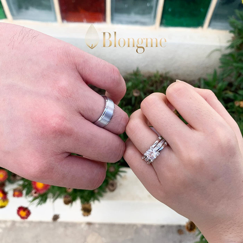[Australia] - Blongme Wedding Ring Sets for him and her Women Sterling Silver CZ His Men Titanium Wedding Band Couples White Gold Size 5-12 women size 10 & men size 10 