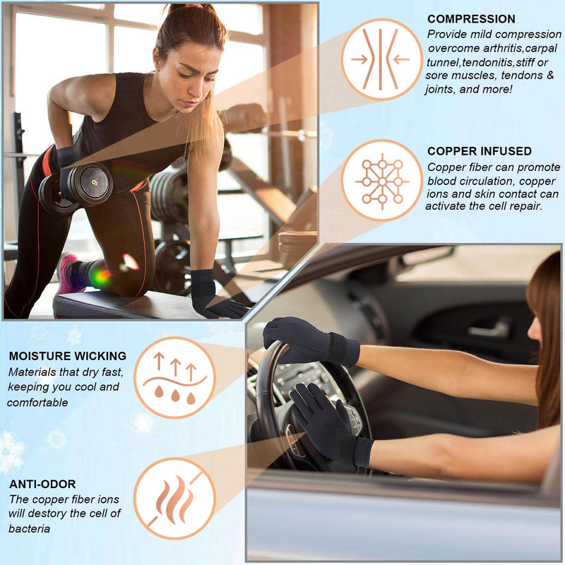 [Australia] - 2 Pairs Pack Copper Full Finger Compression Gloves with Wrist Strap, Arthritis Gloves for Women & Men Relieve Pain, Support Small / Medium(2 Pairs) 