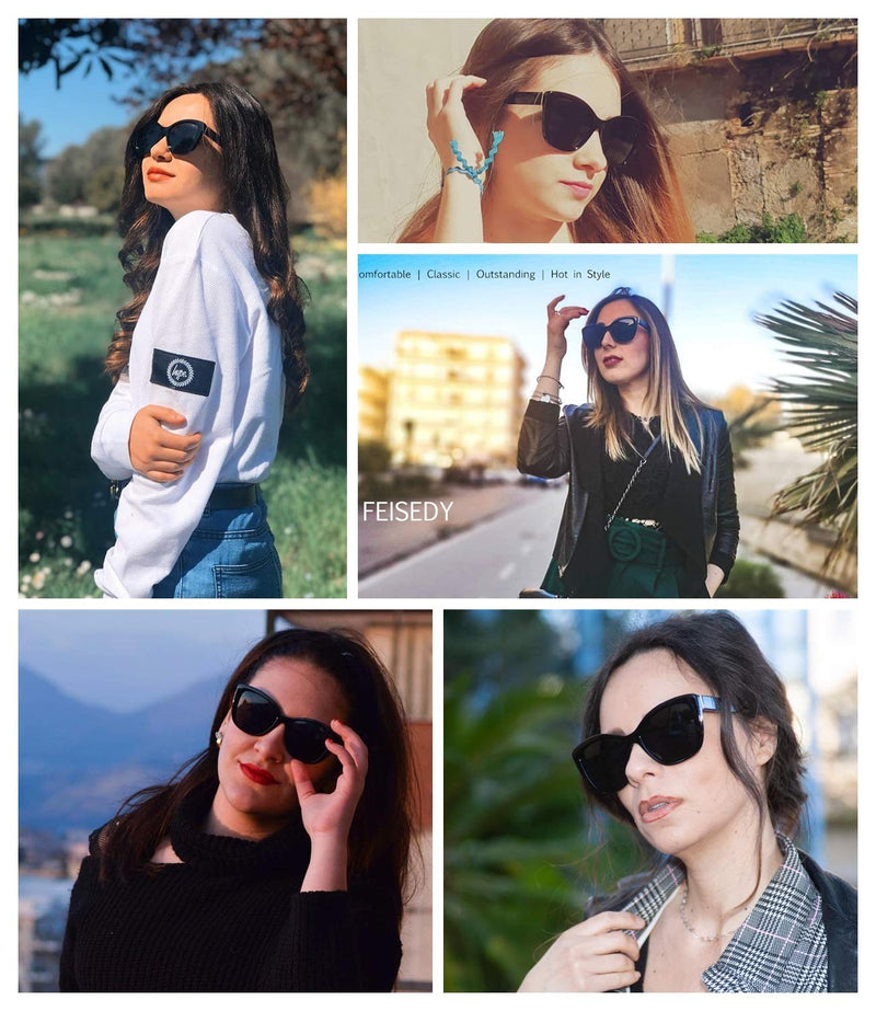 [Australia] - FEISEDY Polarized Vintage Sunglasses American Square Jackie O Cat Eye Sunglasses B2451 Black 56 Millimeters 