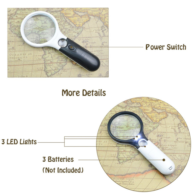 [Australia] - Magnifier 3 LED Light, Marrywindix 3X 45X Handheld Magnifier Reading Magnifying Glass Lens Jewelry Loupe White and Black 