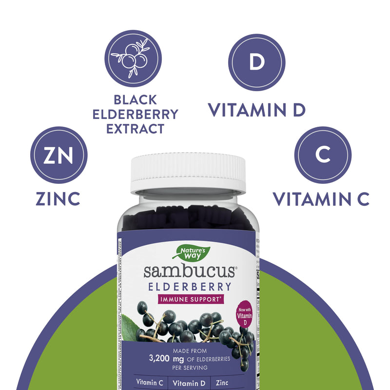 [Australia] - Nature's Way - Sambucus Elderberry - 3200 mg per Serving - Immune Support - with Vitamin C and Zinc - Gluten Free - Suitable for Vegetarians - 60 Gummies 