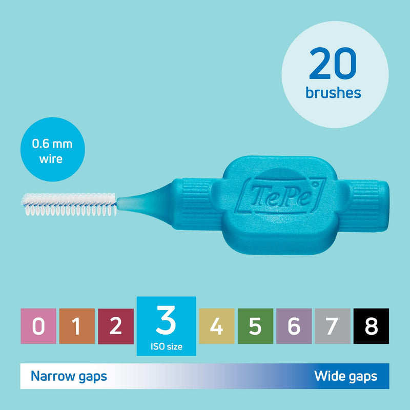 [Australia] - TePe Interdental Brush, Original, Blue, 0.6 mm/ISO 3, 20pcs, plaque removal, efficient clean between the teeth, tooth floss, for narrow gaps 20 count (Pack of 1) Blue (Size 3) 