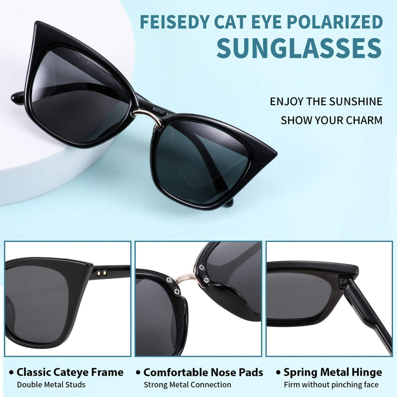 [Australia] - FEISEDY Women Cat Eye Polarized Sunglasses Classic UV400 Sun Glasses Double Metal Studs B2707 001 Bright Black 49 Millimeters 