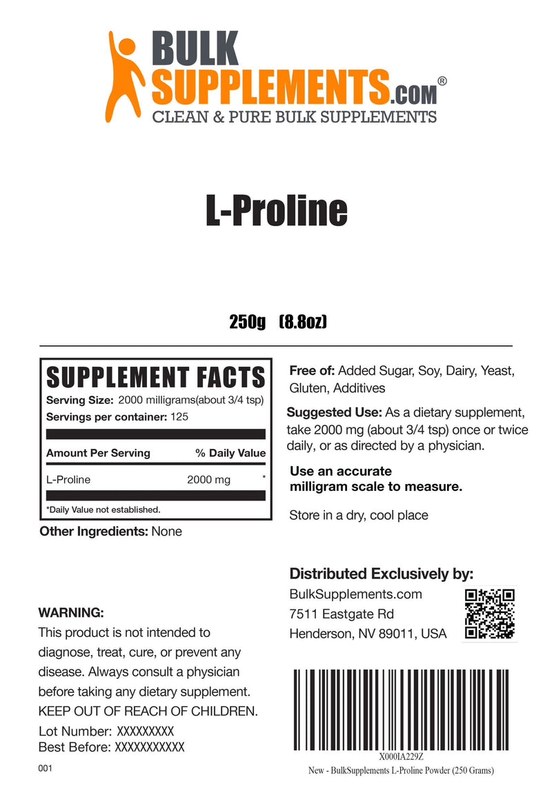 [Australia] - BulkSupplements.com L-Proline Powder - Amino Acids Supplement for Women - Amino Acids Supplement for Men - Supplements for Skin - Amino Acid Nutritional Supplements (250 Grams - 8.8 oz) 8.81 Ounce (Pack of 1) 