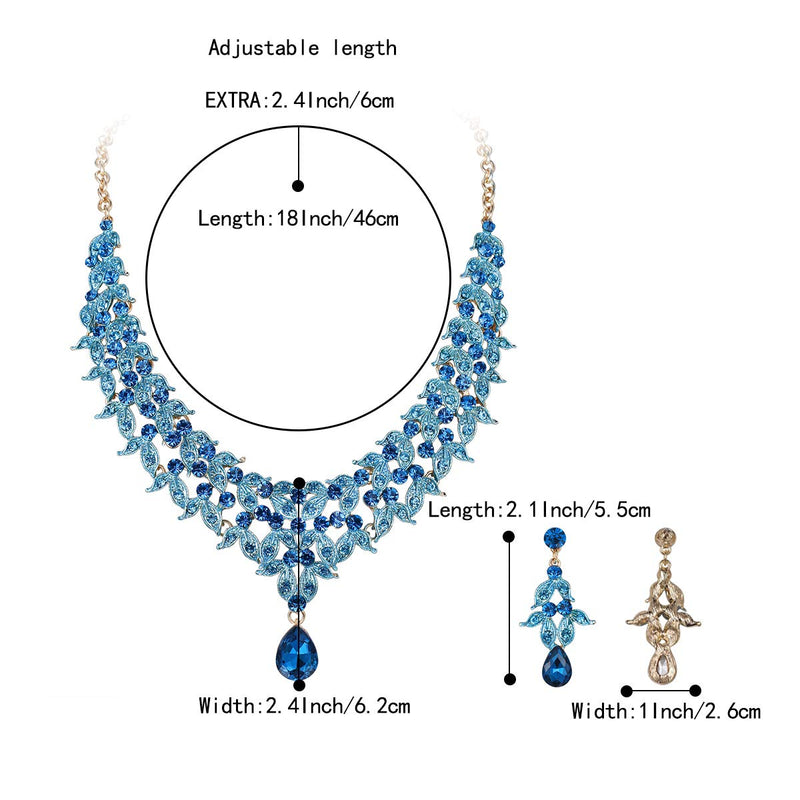 [Australia] - BriLove Women's Wedding Bridal Cluster Leaf Teardrop Statement Necklace Dangle Earrings Set Blue Topaz Color Gold-Tone 