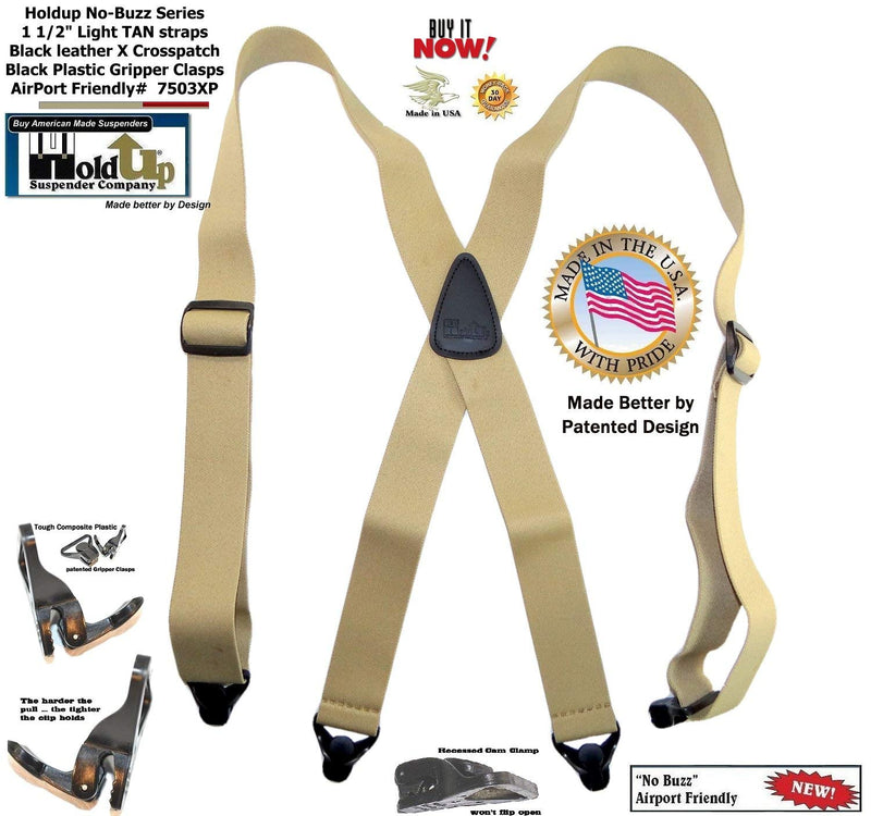 [Australia] - Holdup Suspender Brand No-buzz Series Airport Friendly light TAN Suspenders with black leather X-Back Crosspatch and Patented Gripper Clasps 