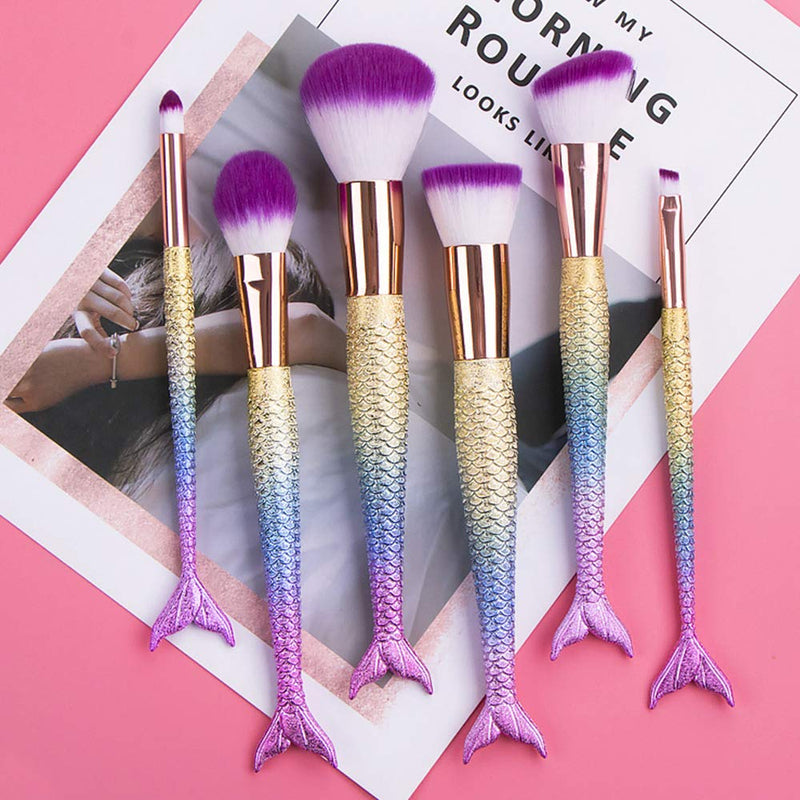 [Australia] - 6 Pieces Mermaid Makeup Brush Set Lovely Makeup Brush Kit for Girls Portable Beauty Cosmetic Tools Women Cosmetic Concealer Brush 