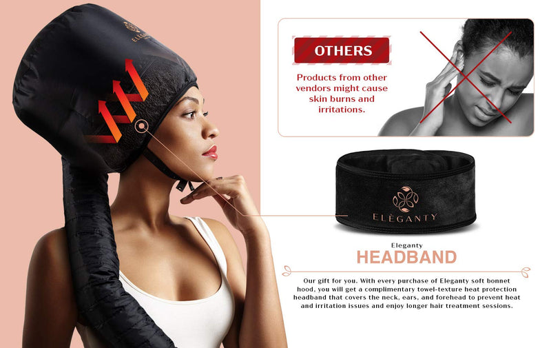 [Australia] - Eleganty Soft Bonnet Hood Hairdryer Attachment with Headband that Reduces Heat Around Ears and Neck to Enjoy Long Sessions - Used for Hair Styling, Deep Conditioning and Hair Drying (Black) Black 