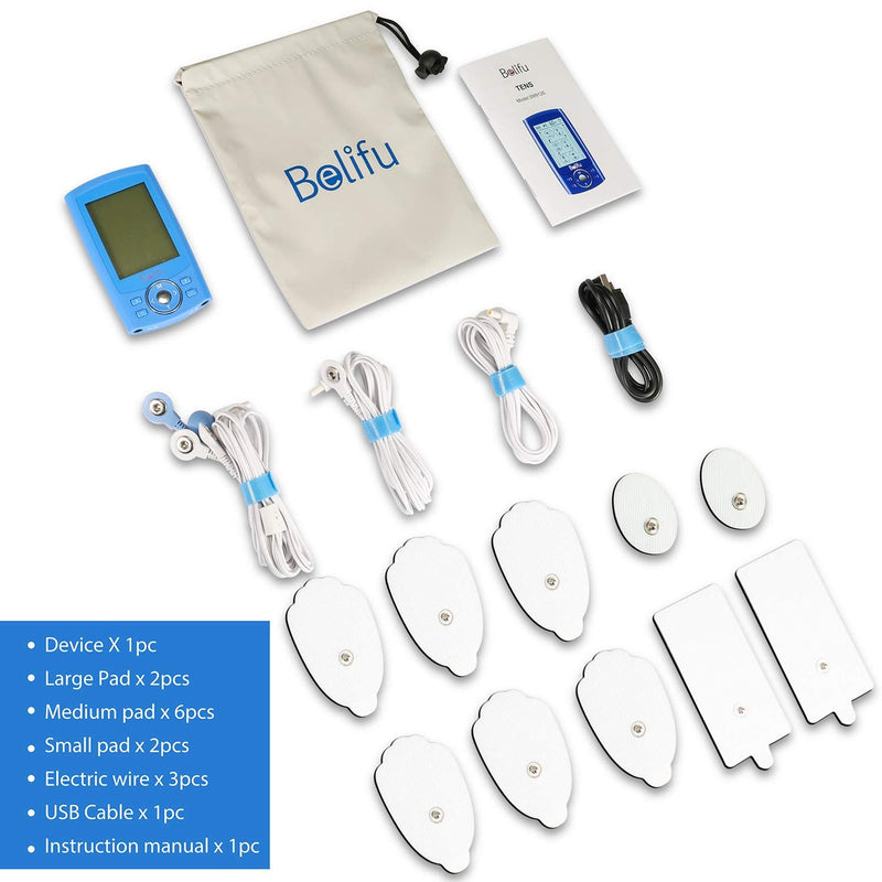 [Australia] - Belifu Dual Channel TENS EMS Unit 24 Modes Muscle Stimulator for Pain Relief Therapy, Electronic Pulse Massager Muscle Massager with 10 Pads, Dust-Proof Drawstring Storage Bag，Fastening Cable Ties… Blue 