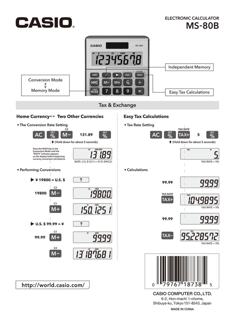 [Australia] - Casio MS-80B Standard Function Desktop Calculator,Black Brushed Nickel 