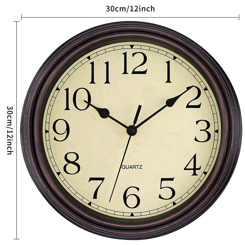 [Australia] - Foxtop Retro Silent Non-Ticking Round Classic Clock Quartz Decorative Battery Operated Wall Clock for Living Room Kitchen Home Office 12 inch (Bronze) Bronze 