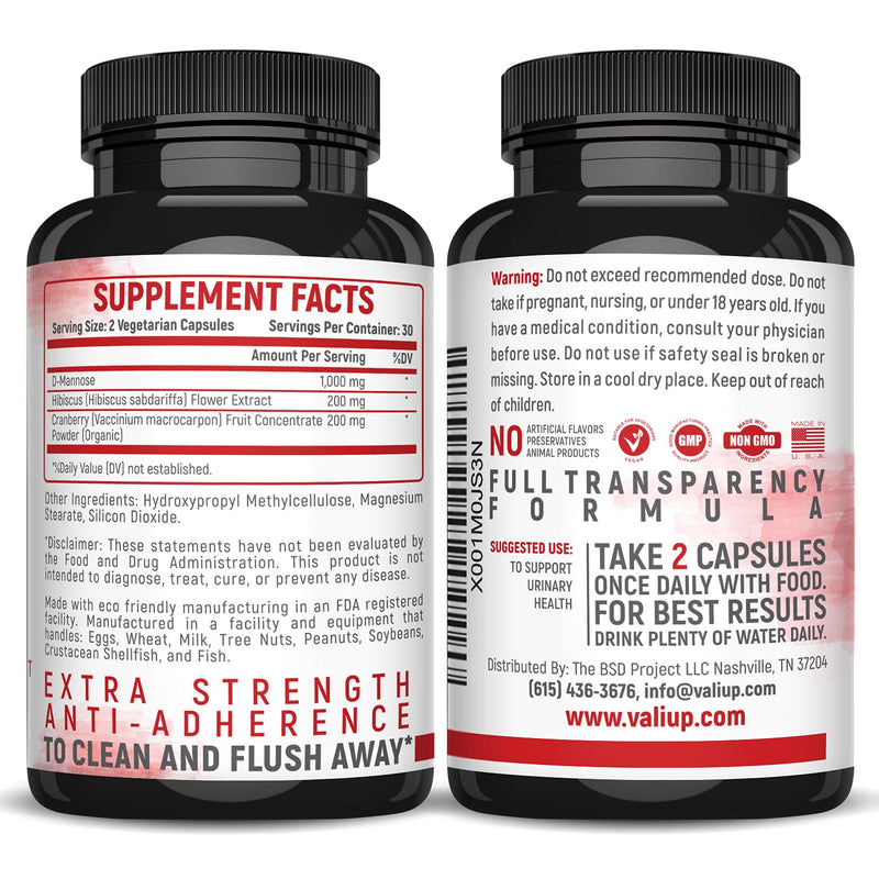 [Australia] - VALI D-Mannose 1000mg Urinary Tract Health Formula. Organic Cranberry Fruit Powder & Hibiscus. Healthy Bladder, Natural Cleanse, Fast Detox Flush, Herbal UT Function Support Pills. 60 Veggie Capsules 