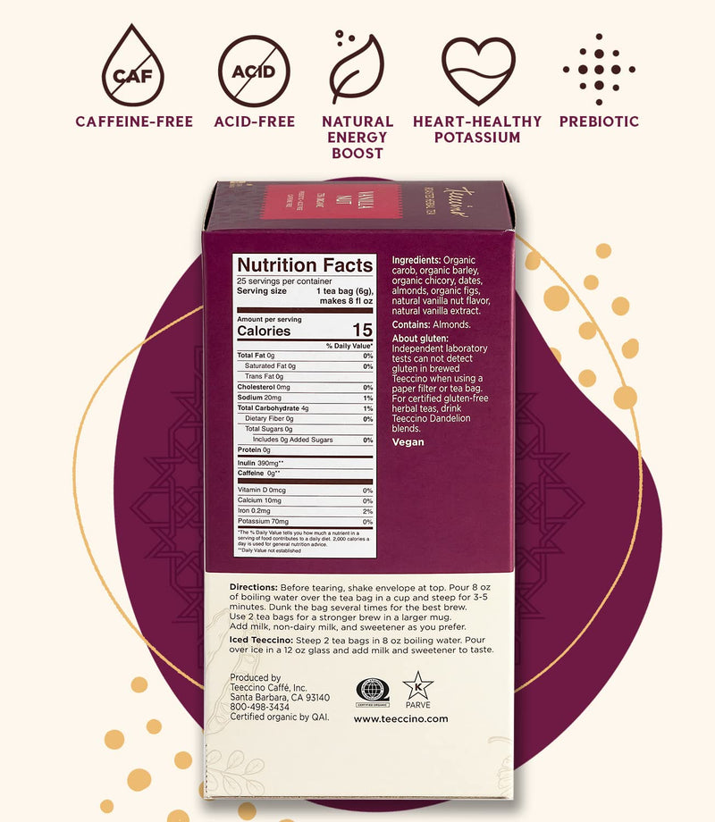 [Australia] - Teeccino Herbal Tea – Vanilla Nut – Rich & Roasted Herbal Tea That’s Caffeine Free & Prebiotic for Natural Energy, 25 Tea Bags 25 Count (Pack of 1) 