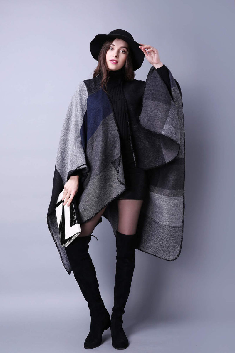 [Australia] - ZTOFERA Women's Poncho Shawl Vintage Warm Open Front Wrap Cape Reversible Scarf Black 