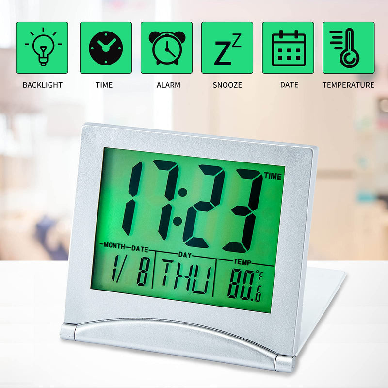 [Australia] - KANBIT Small Digital Travel Alarm Clock Battery Operated, Portable LCD Large Display Alarm Clock with Backlight, Temperature Desk Clock -Silver(Green Light) 