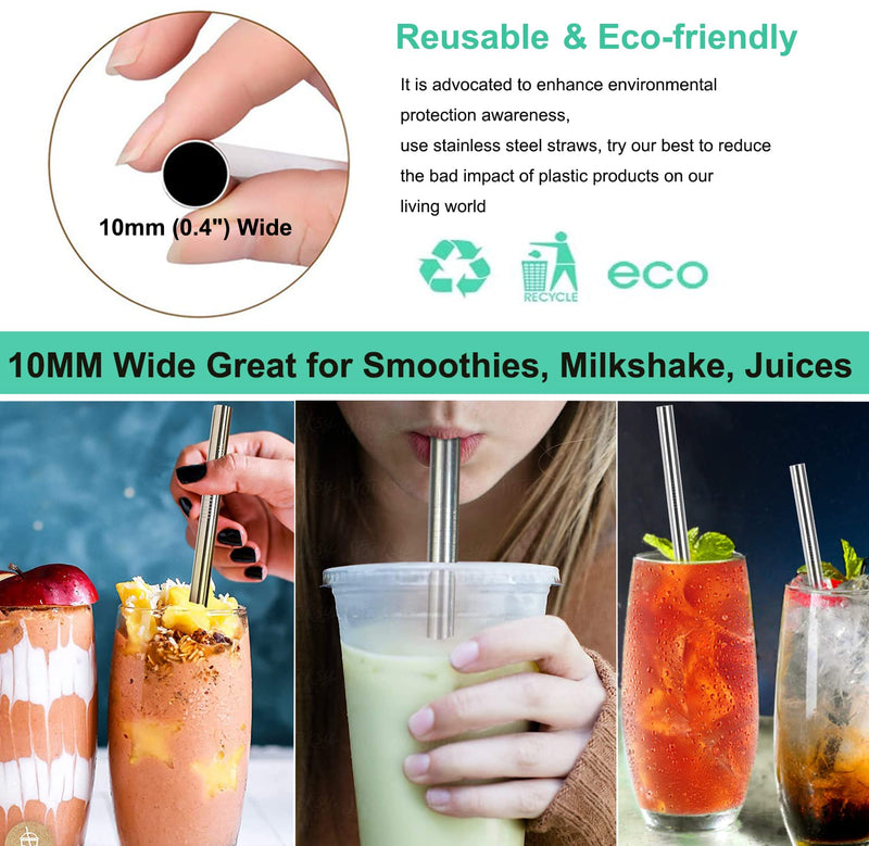[Australia] - Stainless Steel Smoothie Straws, 0.4'' Extra Wide Reusable Metal Drinking Straws for Milkshake, Boba, Smoothie, Beverage, Set of 4 with 1 Cleaning Brush 