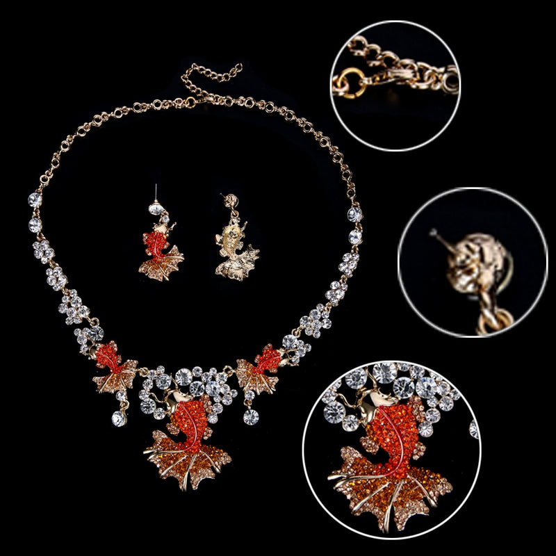 [Australia] - EVER FAITH Lovely Carp Wave Austrian Crystal Necklace Earrings Set Orange Gold-Tone 