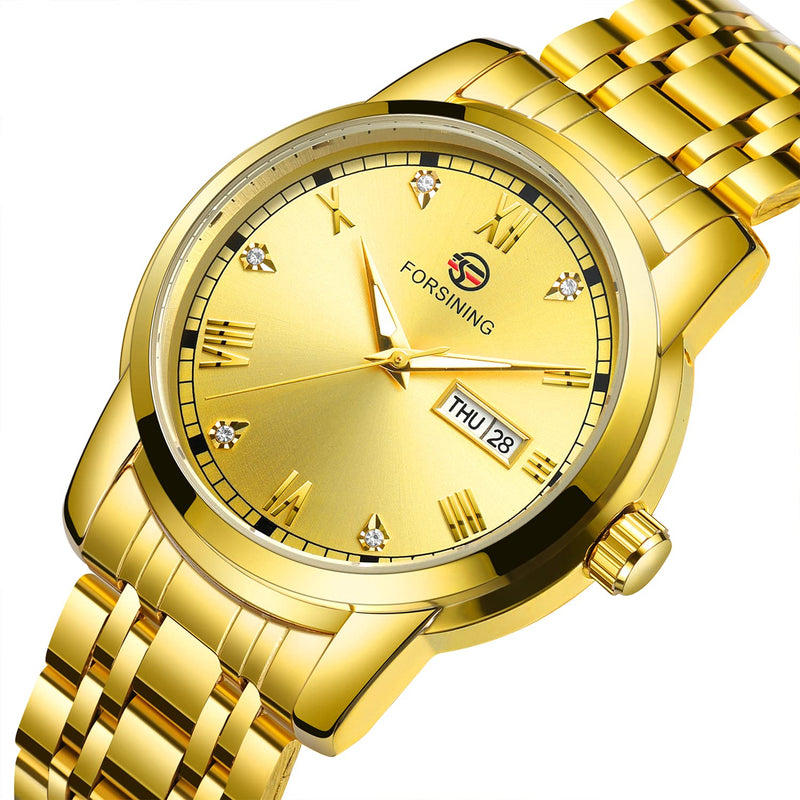 [Australia] - FORSINING Mens Automatic Watch Date Window Display Stainless Steel Watch Gold 