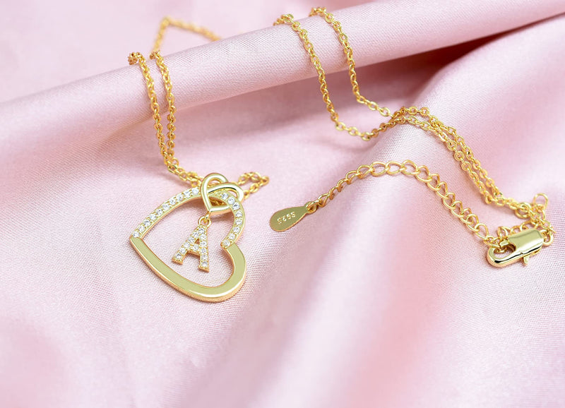 [Australia] - Heart Initial Necklace for Women, 14K Gold Plated Initial Necklace, Sterling Silver Initial Pendant Necklace, Cubic Zirconia Initial Necklace, Adjustable Letter Charm Necklace for Girls A 