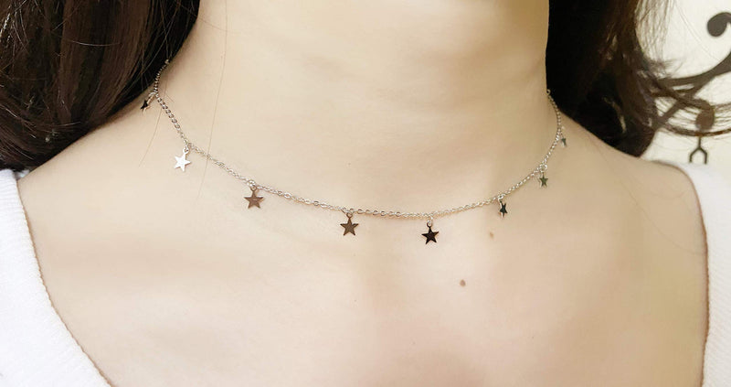 [Australia] - S925 Sterling Silver Stars Moon Dot Choker Short Dainty Necklace for Women Jewelry 