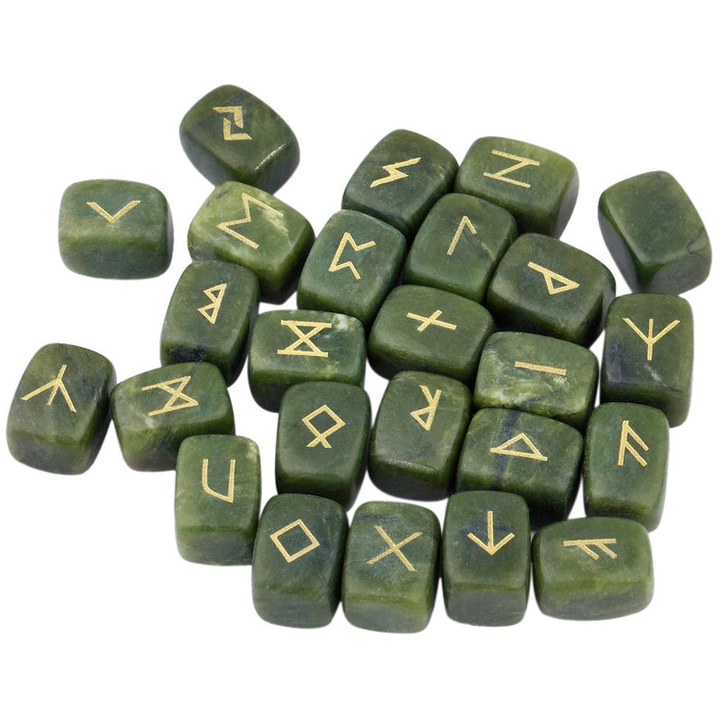 [Australia] - mookaitedecor Green Jade Runes Stones Set (25 Pieces), Tumbled Gemstone with Carved Rune Words for Fortune Telling, Crystal Healing Reiki 