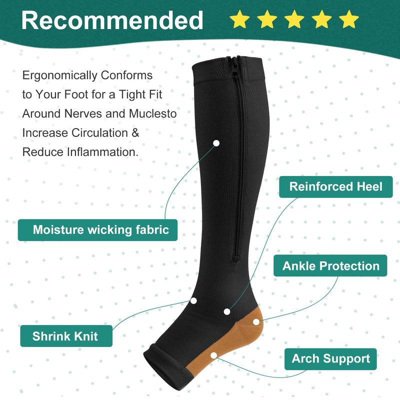 [Australia] - Copper Zipper Compression Socks -2 Pairs Calf Knee High Open Toe Support Stocking Compression Stocking… 01-black Large-X-Large 