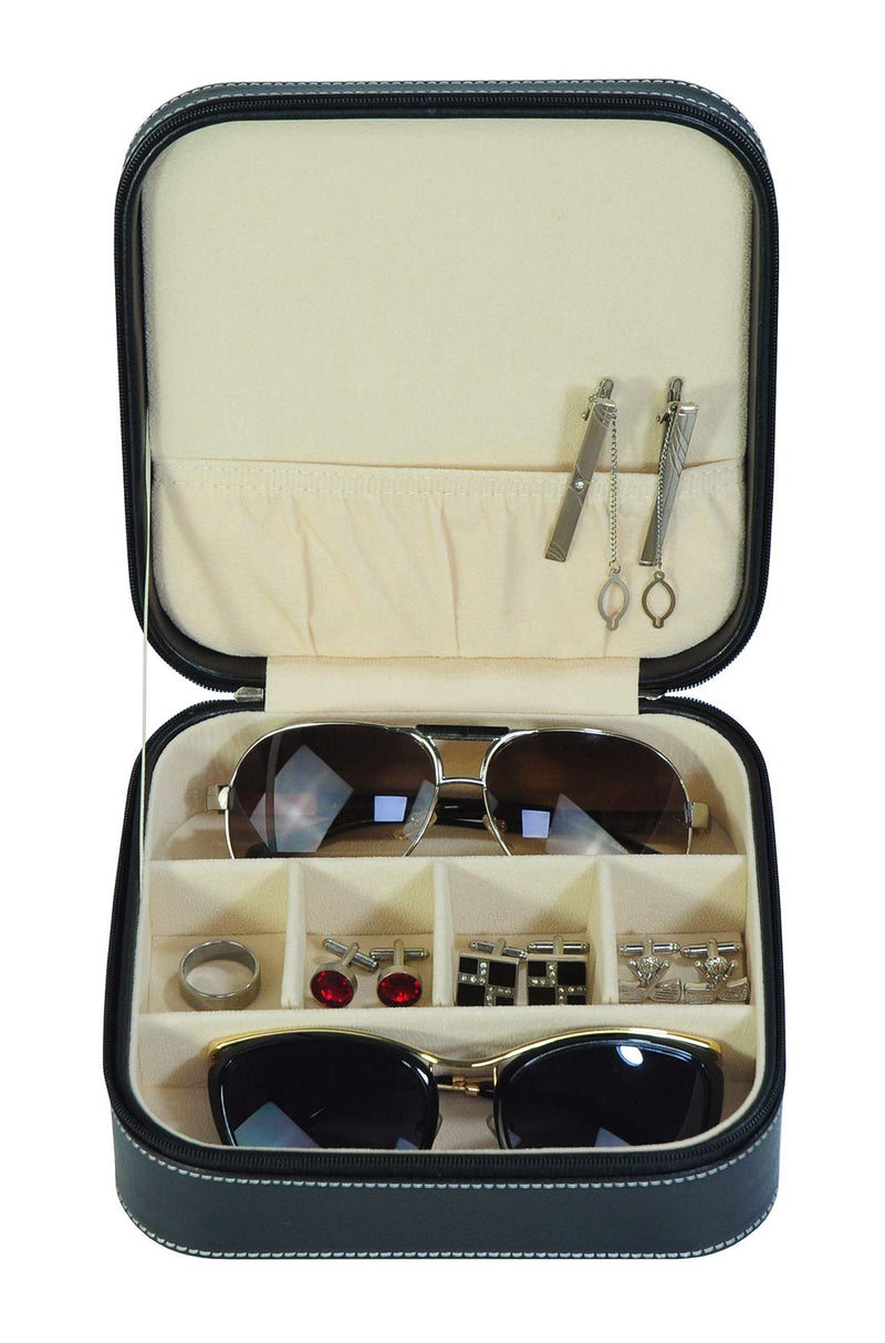 [Australia] - TIMELYBUYS Black 3 Compartment Sunglass Case Jewelry Box Travel Storage Organizer with Pocket Holds Glasses, Rings, Earrings, Necklaces, and Accessories 