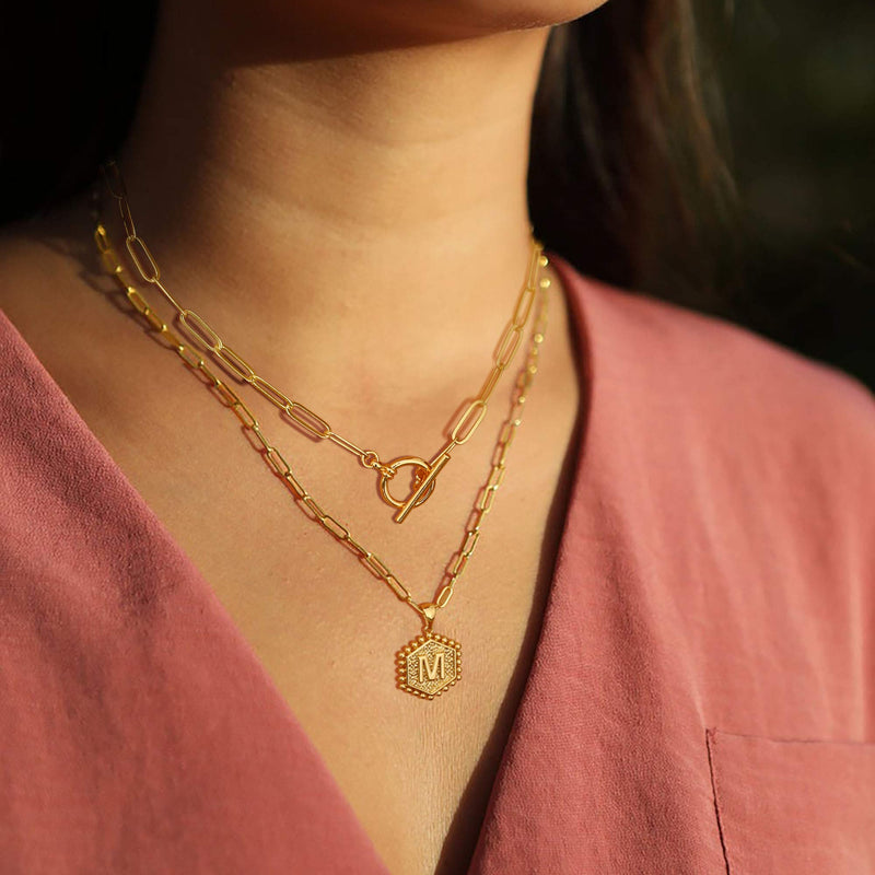 [Australia] - M MOOHAM Gold Initial Necklaces for Women, 14K Gold Plated Layered Initial Necklace Hexagon Pendant Toggle Clasp Layering Gold Chain Necklaces for Women Gold Layered Choker Necklaces for Women A 