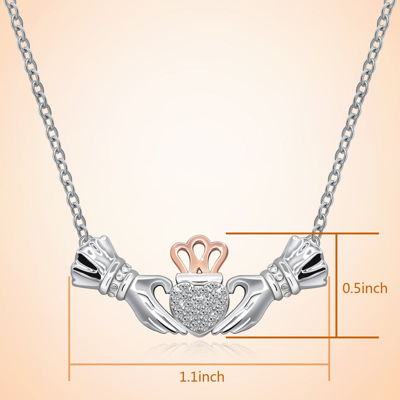 [Australia] - Irish Claddagh Necklace for Women Sterling Silver Girls Crystal Celtic Claddagh Hands Holding Crown Love Heart Pendant Necklace 