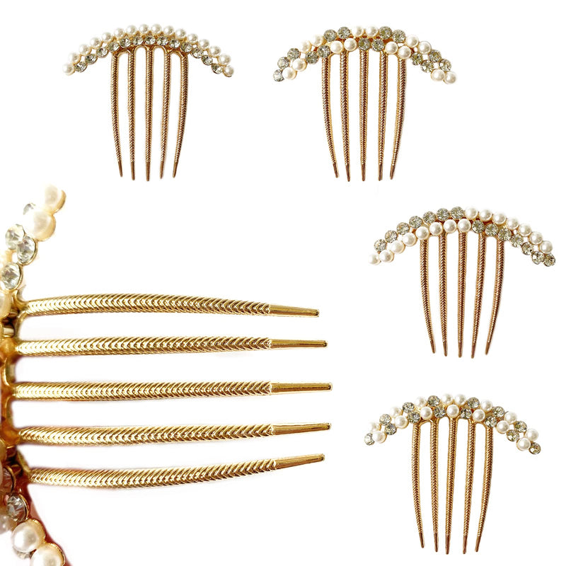 [Australia] - Briskyto Hair Comb,4 Pack 5 Teeth Vintage Gold Pearl Hair Comb Rhinestones Hairpins Hair Clips 