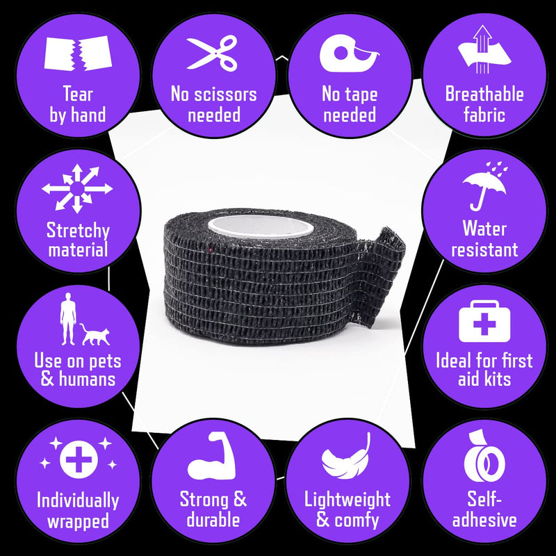 [Australia] - Inksafe Black Self Adherent Cohesive Bandages 2.5cm x 4.5m Box of 12 - Uses Include Vet Wrap, Tape for Wrist and Ankle Sprains, Finger and Thumb Tape, 