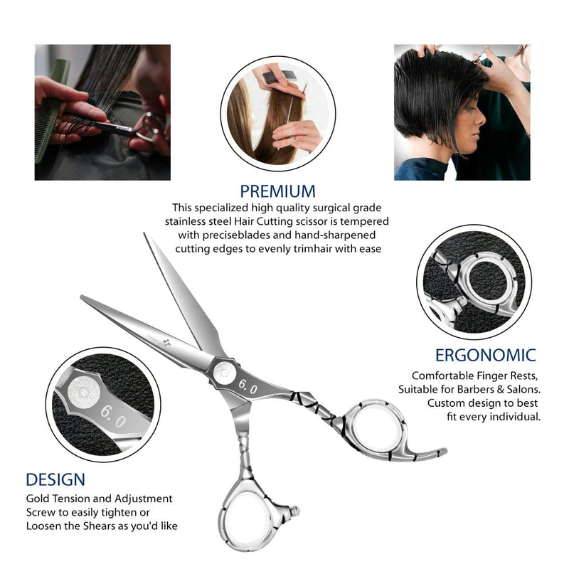 [Australia] - Professional Hair Scissors - VERY SHARP - Barber 6.0-inch Razor Edge Hair Cutting Shears - Made from Forged Stainless Steel with Fine Adjustment Screw 