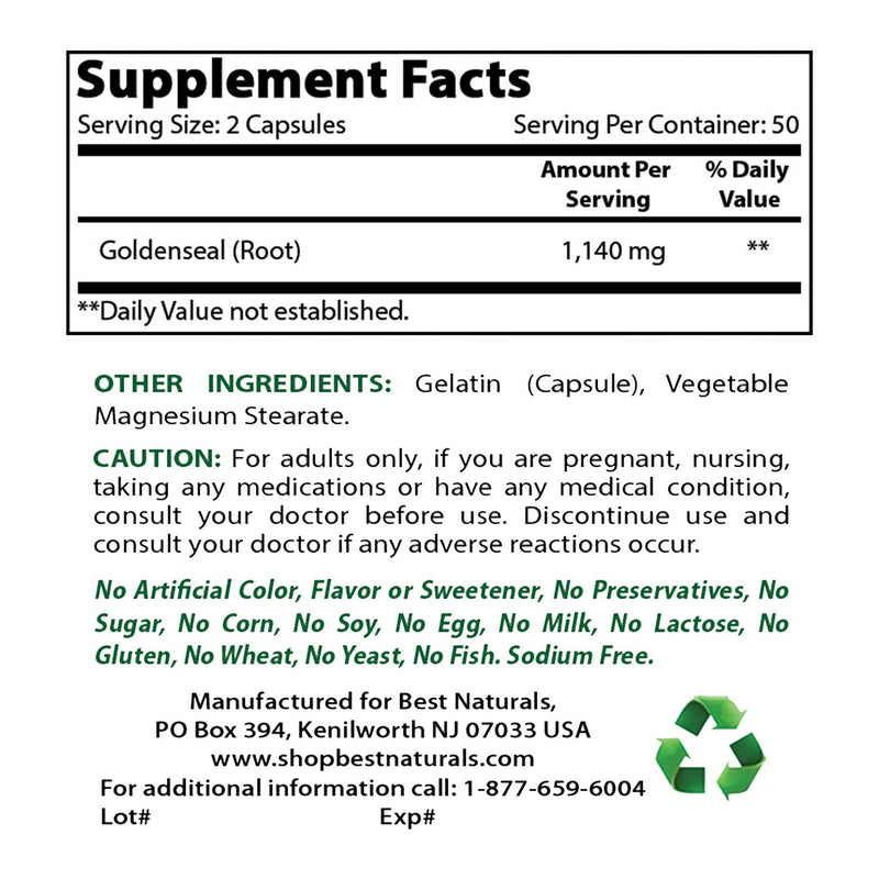 [Australia] - Best Naturals Goldenseal Root 570 mg 100 Capsules (100 Count (Pack of 1)) 100 Count (Pack of 1) 