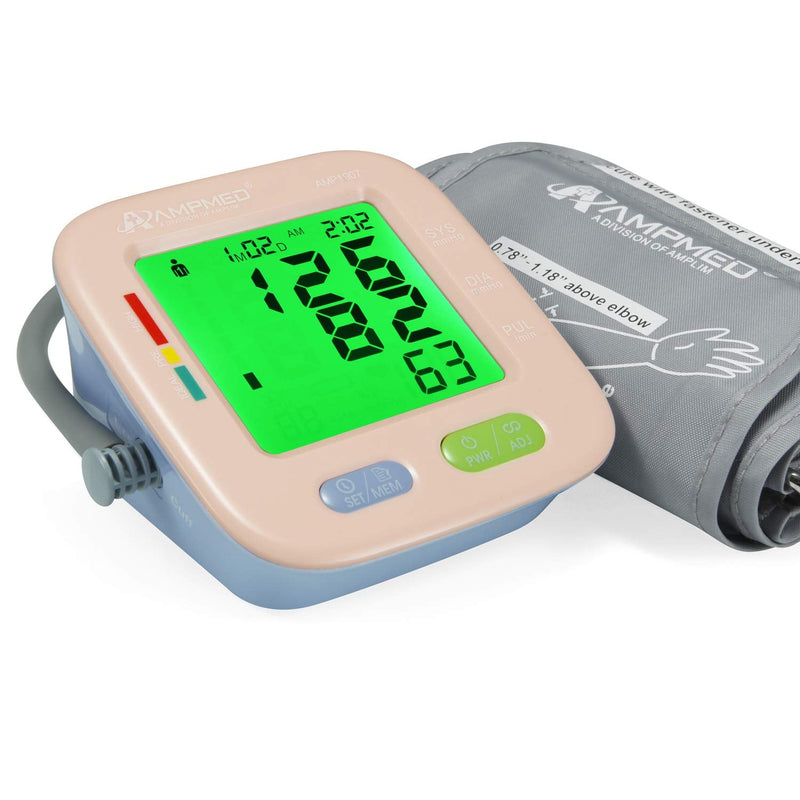 [Australia] - Amplim New 2021 Digital Blood Pressure Monitor, Automatic Upper Arm Universal Cuff and Premium Travel Storage Case, Color Backlit Display, 180 Memory, Includes Batteries, Pink Blue 