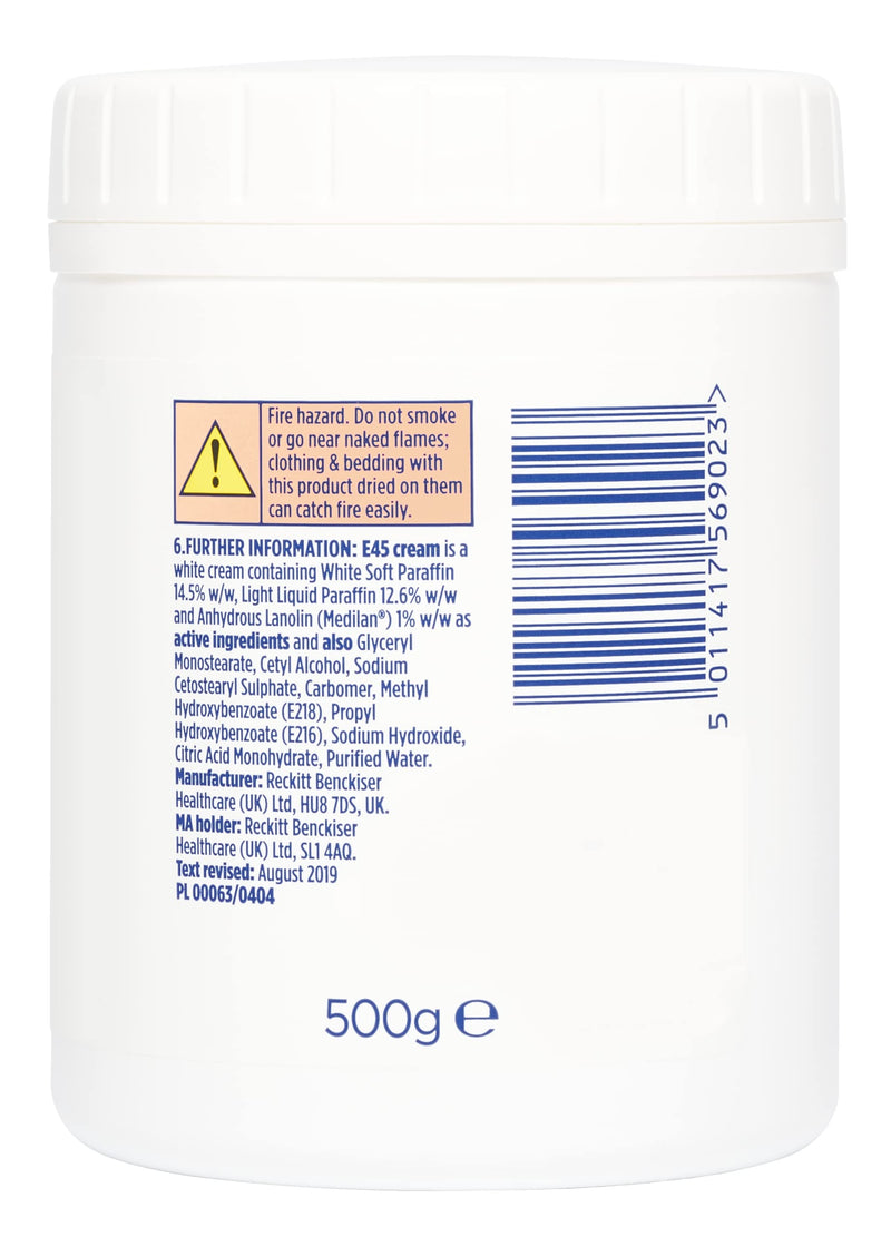 [Australia] - E45 Moisturiser Cream, Body, Face And Hand Cream For Dry, Flaky Skin, Suitable For Eczema, Dry Psoriasis, Sunburn, 500g Moisturiser Tub 